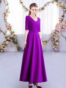 V-neck Half Sleeves Dama Dress for Quinceanera Ankle Length Ruching Eggplant Purple Satin