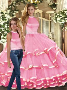 Pink Ball Gowns Halter Top Sleeveless Organza Floor Length Backless Ruffled Layers Sweet 16 Dress