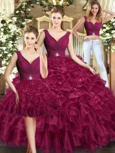 Glittering Burgundy Organza Backless V-neck Sleeveless Floor Length Sweet 16 Quinceanera Dress Ruffles