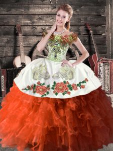 Captivating Rust Red Ball Gowns Off The Shoulder Sleeveless Satin and Organza Floor Length Lace Up Embroidery and Ruffles Sweet 16 Dress