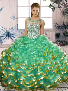Captivating Turquoise Sleeveless Organza Lace Up Quinceanera Gown for Military Ball and Sweet 16 and Quinceanera