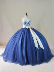 Sleeveless Appliques and Sashes ribbons and Bowknot Lace Up Sweet 16 Quinceanera Dress with Navy Blue Brush Train