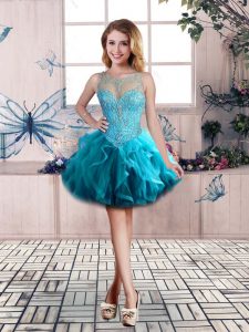 Ideal Mini Length Teal Prom Gown Tulle Sleeveless Beading and Ruffles