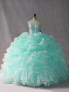 Noble Apple Green Side Zipper Strapless Beading and Ruffles and Pick Ups Sweet 16 Dress Organza Sleeveless Brush Train