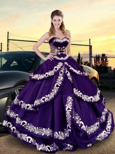Modest Purple Sleeveless Satin and Taffeta Lace Up Quinceanera Gown for Sweet 16 and Quinceanera
