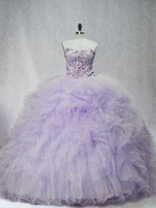 Lavender Lace Up Sweetheart Ruffles Quinceanera Dresses Tulle Sleeveless Brush Train