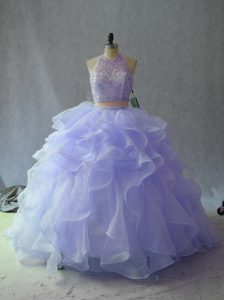 Lavender Organza Backless Halter Top Sleeveless Floor Length Quinceanera Gown Beading and Ruffles