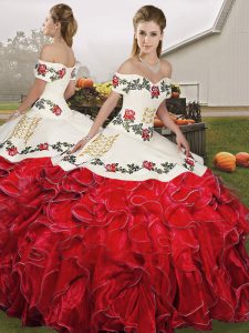 Great White And Red Organza Lace Up Sweet 16 Quinceanera Dress Sleeveless Floor Length Embroidery and Ruffles