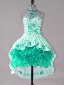 Customized Embroidery and Ruffles Prom Dress Turquoise Lace Up Sleeveless High Low