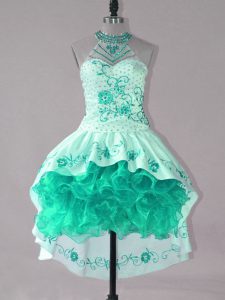 Customized Embroidery and Ruffles Prom Dress Turquoise Lace Up Sleeveless High Low