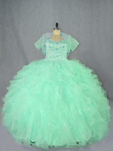 Apple Green Organza Lace Up Sweetheart Sleeveless Floor Length Ball Gown Prom Dress Beading and Ruffles