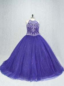 Luxury Purple Quince Ball Gowns Scoop Sleeveless Brush Train Lace Up