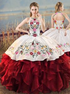 Sumptuous White And Red Ball Gowns Halter Top Sleeveless Organza Floor Length Lace Up Embroidery and Ruffles Quinceanera Gown
