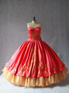 Floor Length Coral Red Sweet 16 Dresses Satin and Organza Sleeveless Embroidery