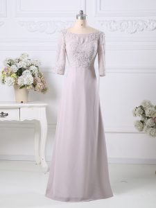 Dramatic Pink Empire Scoop 3 4 Length Sleeve Chiffon Floor Length Zipper Beading and Embroidery