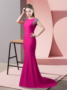 Elastic Woven Satin High-neck Short Sleeves Brush Train Backless Beading Prom Dresses in Hot Pink
