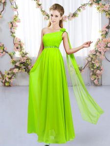 Stunning Chiffon One Shoulder Sleeveless Lace Up Beading and Hand Made Flower Quinceanera Court Dresses in Yellow Green