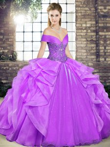 Lavender Sleeveless Organza Lace Up Quinceanera Gown for Military Ball and Sweet 16 and Quinceanera