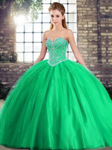 Green Ball Gowns Beading Sweet 16 Dresses Lace Up Tulle Sleeveless