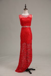 Sleeveless Lace Floor Length Zipper Evening Dress in Red with Beading