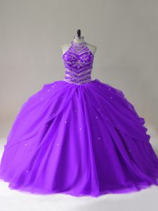 Floor Length Purple 15th Birthday Dress Halter Top Sleeveless Lace Up
