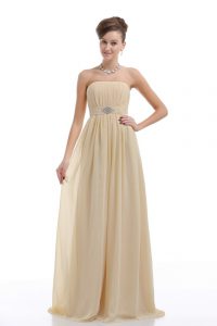 New Arrival Light Yellow Lace Up Strapless Beading and Ruching Prom Evening Gown Chiffon Sleeveless