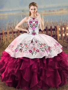 Floor Length Fuchsia Quinceanera Dress Organza Sleeveless Embroidery and Ruffles