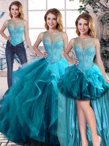 Aqua Blue Three Pieces Tulle Scoop Sleeveless Beading and Ruffles Floor Length Lace Up 15th Birthday Dress