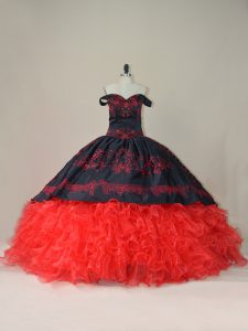 Admirable Red And Black Lace Up Off The Shoulder Embroidery and Ruffles Quinceanera Gown Satin and Organza Sleeveless Brush Train