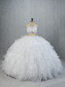 White Two Pieces Scoop Sleeveless Organza Brush Train Lace Up Beading and Ruffles Ball Gown Prom Dress
