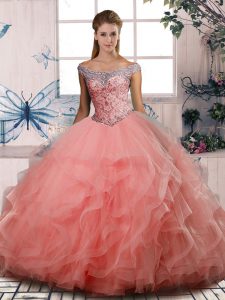 Customized Floor Length Watermelon Red Quinceanera Dress Tulle Sleeveless Beading