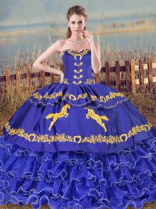 Traditional Blue Vestidos de Quinceanera Sweet 16 and Quinceanera with Embroidery and Ruffled Layers Sweetheart Sleeveless Brush Train Lace Up