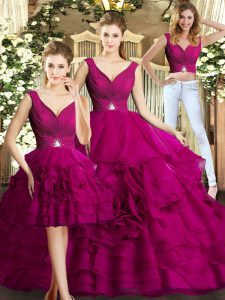 Fuchsia Quinceanera Gowns Military Ball and Sweet 16 and Quinceanera with Beading and Ruffles V-neck Sleeveless Backless