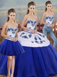 Royal Blue Sweetheart Neckline Embroidery and Bowknot Ball Gown Prom Dress Sleeveless Lace Up