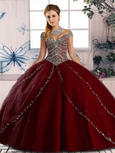 Wine Red 15th Birthday Dress Tulle Brush Train Cap Sleeves Beading