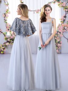 Grey Tulle Lace Up Quinceanera Court of Honor Dress Sleeveless Floor Length Appliques