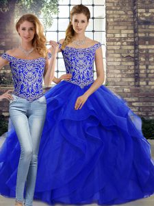 Delicate Lace Up Quinceanera Gowns Royal Blue for Military Ball and Sweet 16 and Quinceanera with Beading and Ruffles Brush Train