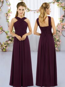 Pretty Burgundy Empire Straps Sleeveless Chiffon Floor Length Lace Up Ruching Quinceanera Dama Dress