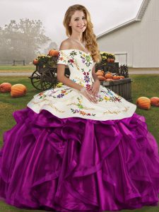 White And Purple Ball Gowns Organza Off The Shoulder Sleeveless Embroidery and Ruffles Floor Length Lace Up Sweet 16 Quinceanera Dress