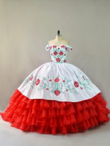 Stunning Off The Shoulder Sleeveless Court Train Lace Up 15 Quinceanera Dress White And Red Organza