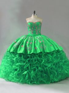 Custom Fit Green Fabric With Rolling Flowers Lace Up Sweet 16 Dresses Sleeveless Embroidery and Ruffles