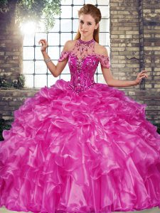 Floor Length Fuchsia Quinceanera Gowns Halter Top Sleeveless Lace Up