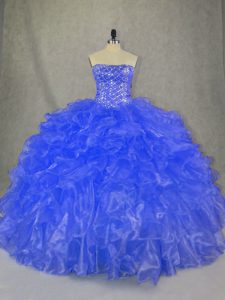 Glamorous Blue Ball Gowns Beading and Ruffles 15 Quinceanera Dress Lace Up Organza Sleeveless Floor Length