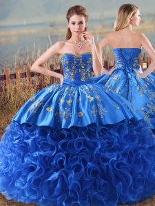 Flirting Sweetheart Sleeveless 15th Birthday Dress Brush Train Embroidery and Ruffles Royal Blue Fabric With Rolling Flowers