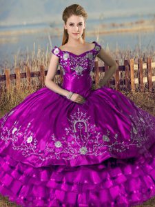 Gorgeous Purple Quinceanera Dress Sweet 16 and Quinceanera with Embroidery and Ruffled Layers Off The Shoulder Sleeveless Lace Up