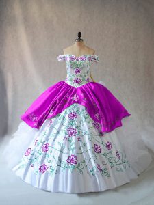 High End White And Purple Organza Lace Up Sweet 16 Dresses Sleeveless Floor Length Embroidery and Ruffles