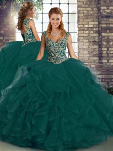 Excellent Tulle Straps Sleeveless Lace Up Beading and Ruffles Quinceanera Dresses in Peacock Green