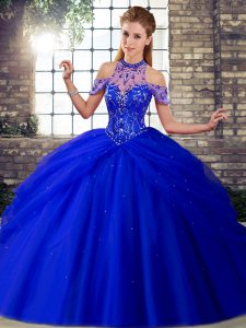 Royal Blue Ball Gowns Beading and Pick Ups 15th Birthday Dress Lace Up Tulle Sleeveless