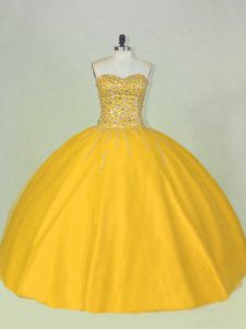 Cute Sleeveless Tulle Floor Length Lace Up Sweet 16 Dress in Gold with Beading