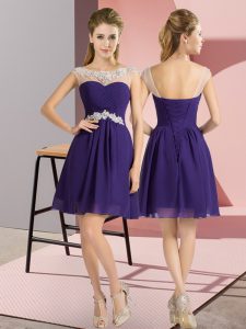 Mini Length Purple Quinceanera Court Dresses Chiffon Cap Sleeves Beading